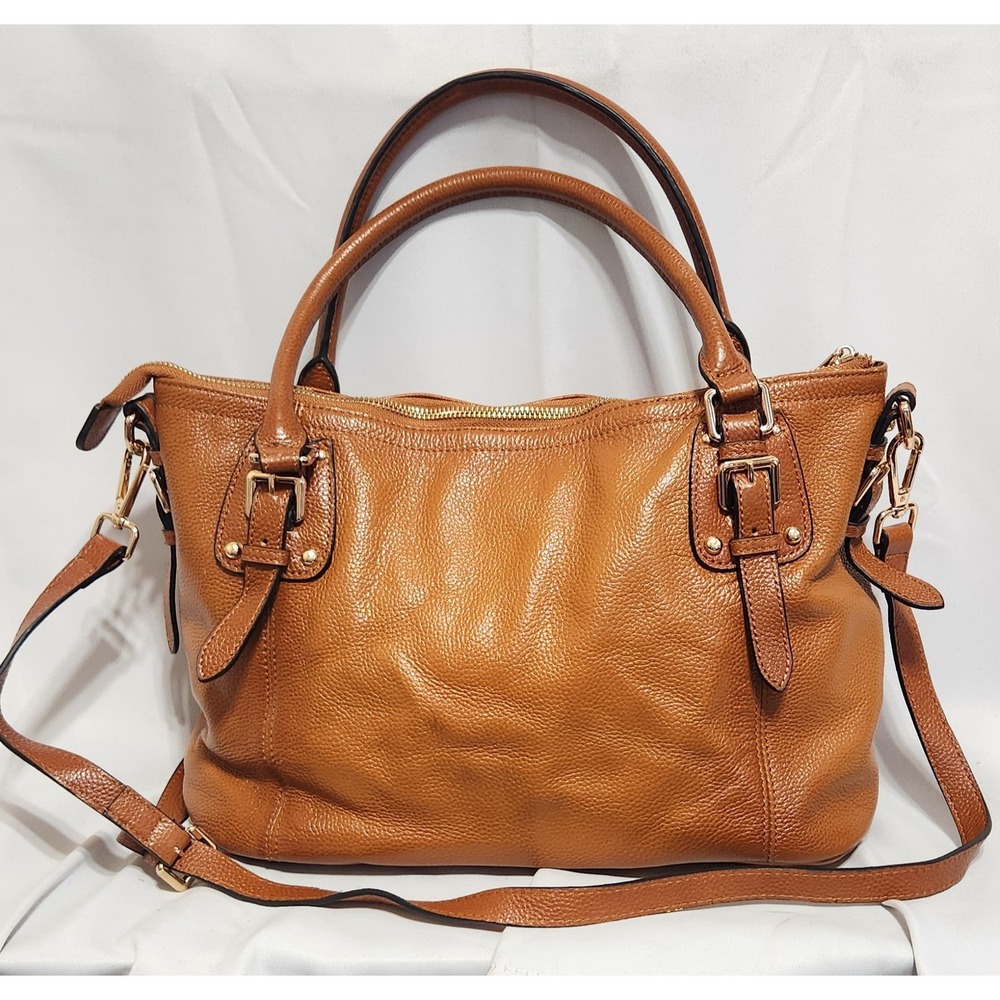 Kattee Brown Pebbled Leather Satchel Crossbody Bag Gold Hardware Womens